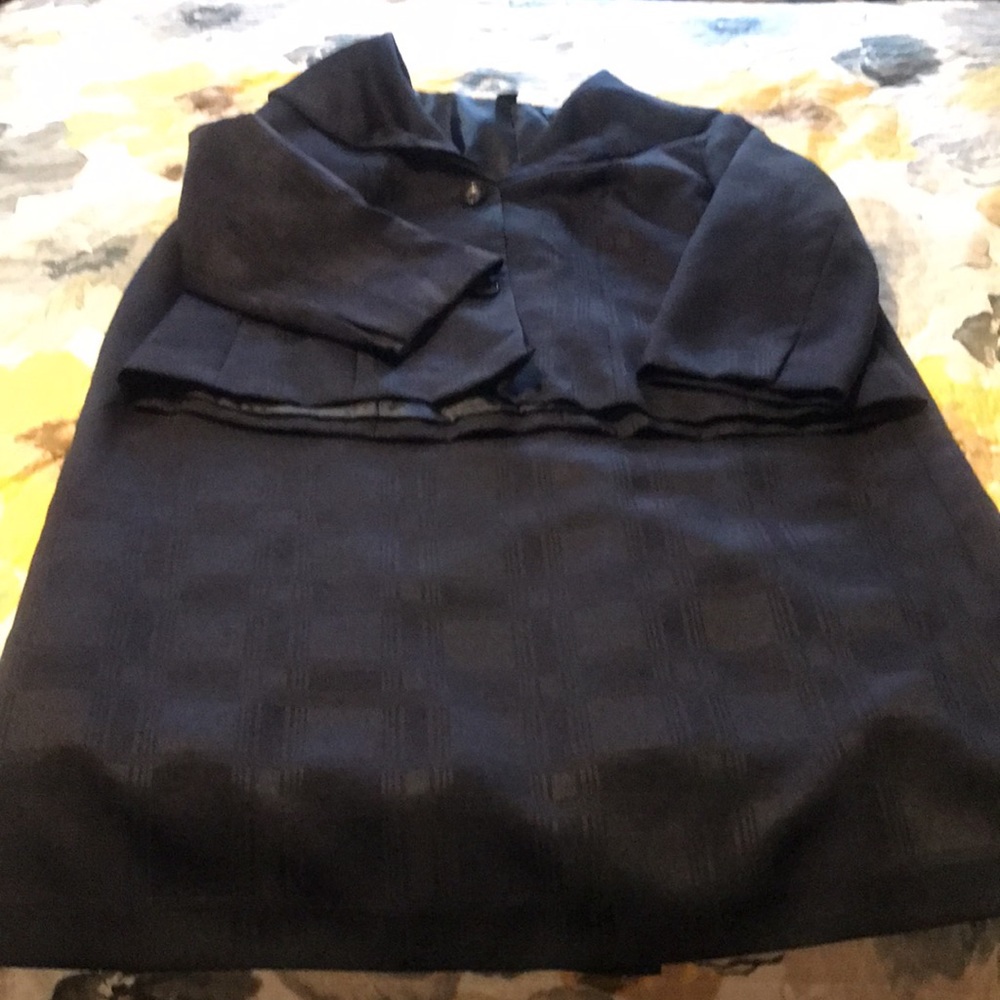 Navy Blue Skirt Suit with Elbow Length Jacket and Shin Length Skirt